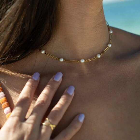 18K Gold Paperclip Chain & Pearl Necklace, PVD Coated, Water & Tarnish Resistant - Picture 2 of 4